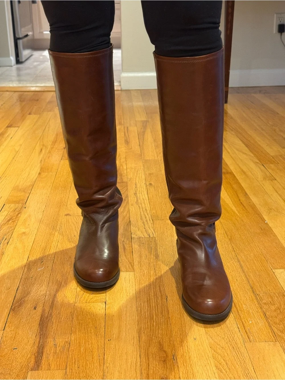 Women's Brown Leather Knee-High Riding Boots with Leopard Accent Stuart Weitzman
